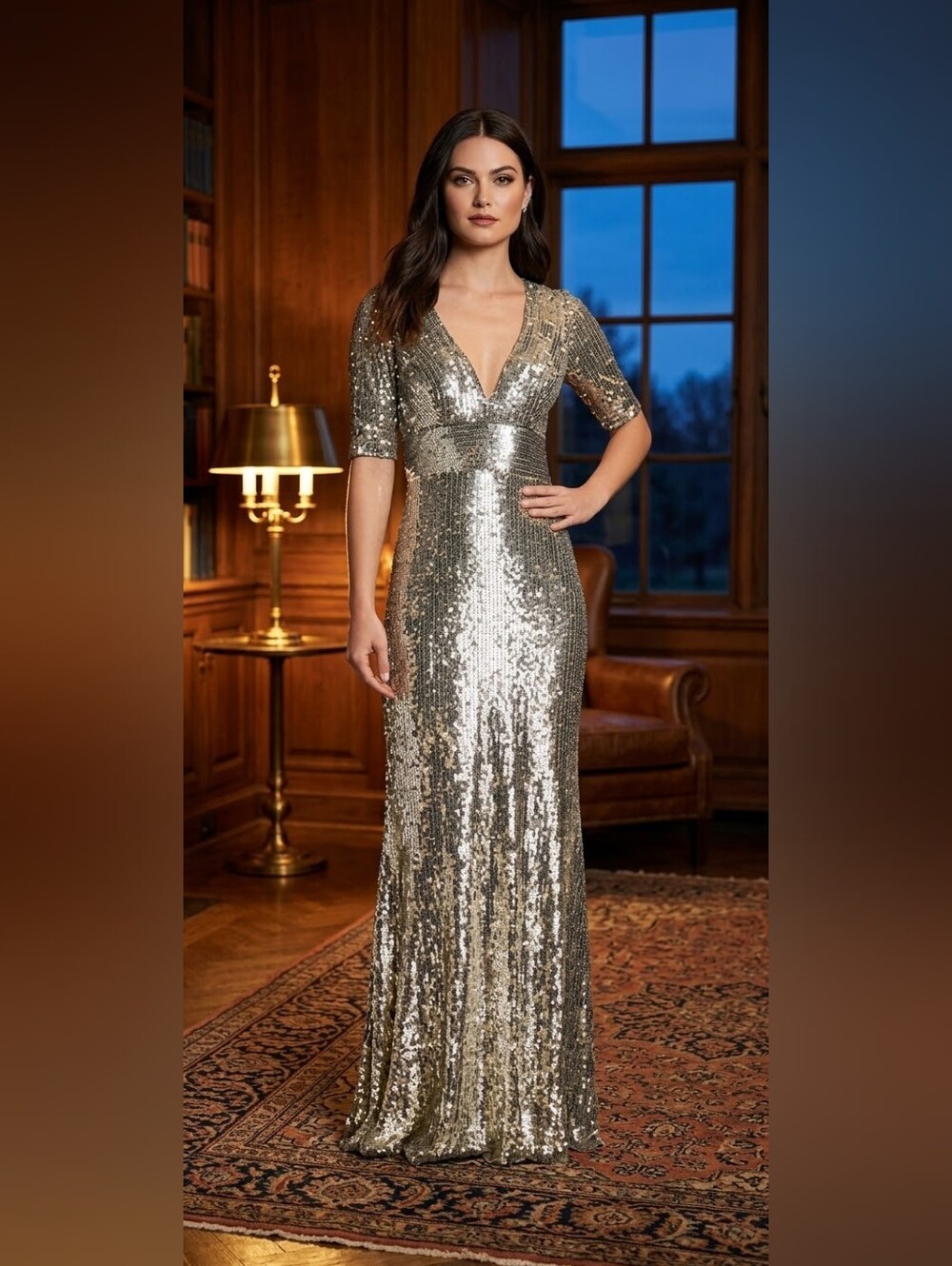 Mac Duggal Metallic Gold Sequin V-Neck Maxi Gown